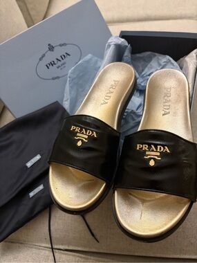 Prada Black Patent Gold Logo Slide Sandals